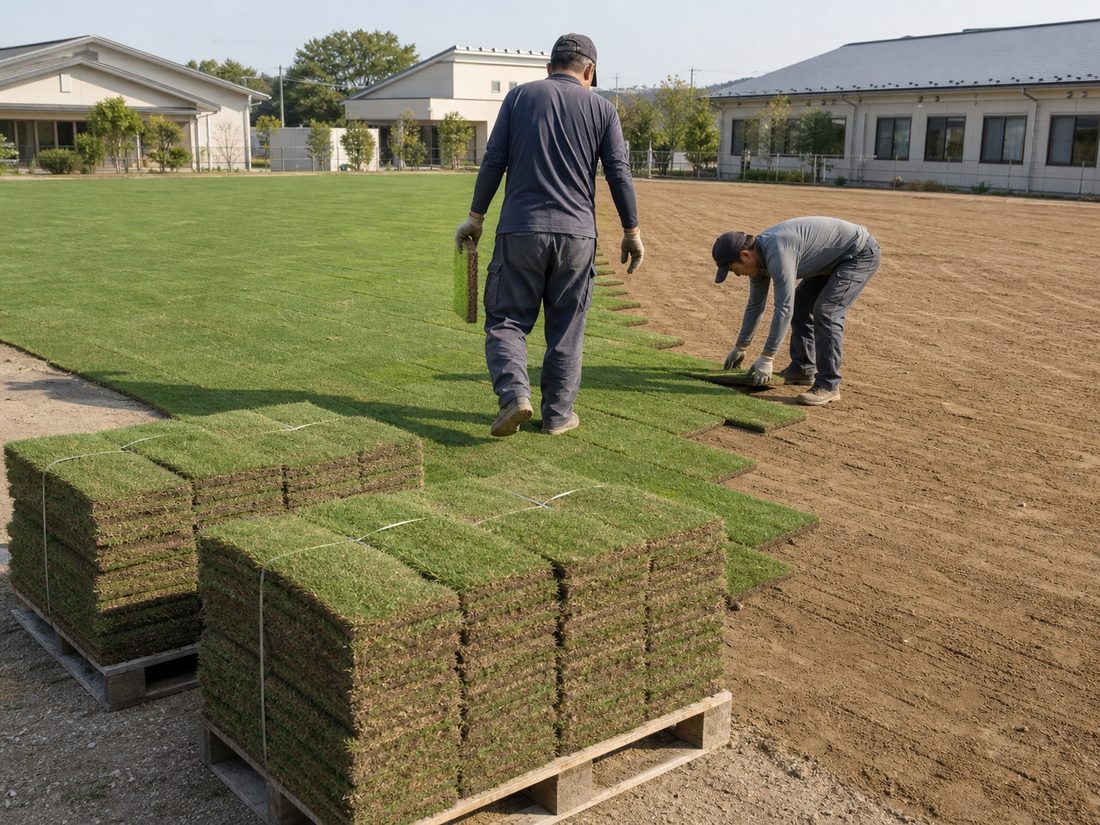 整地された土の上に切り芝を並べて張っている作業の様子