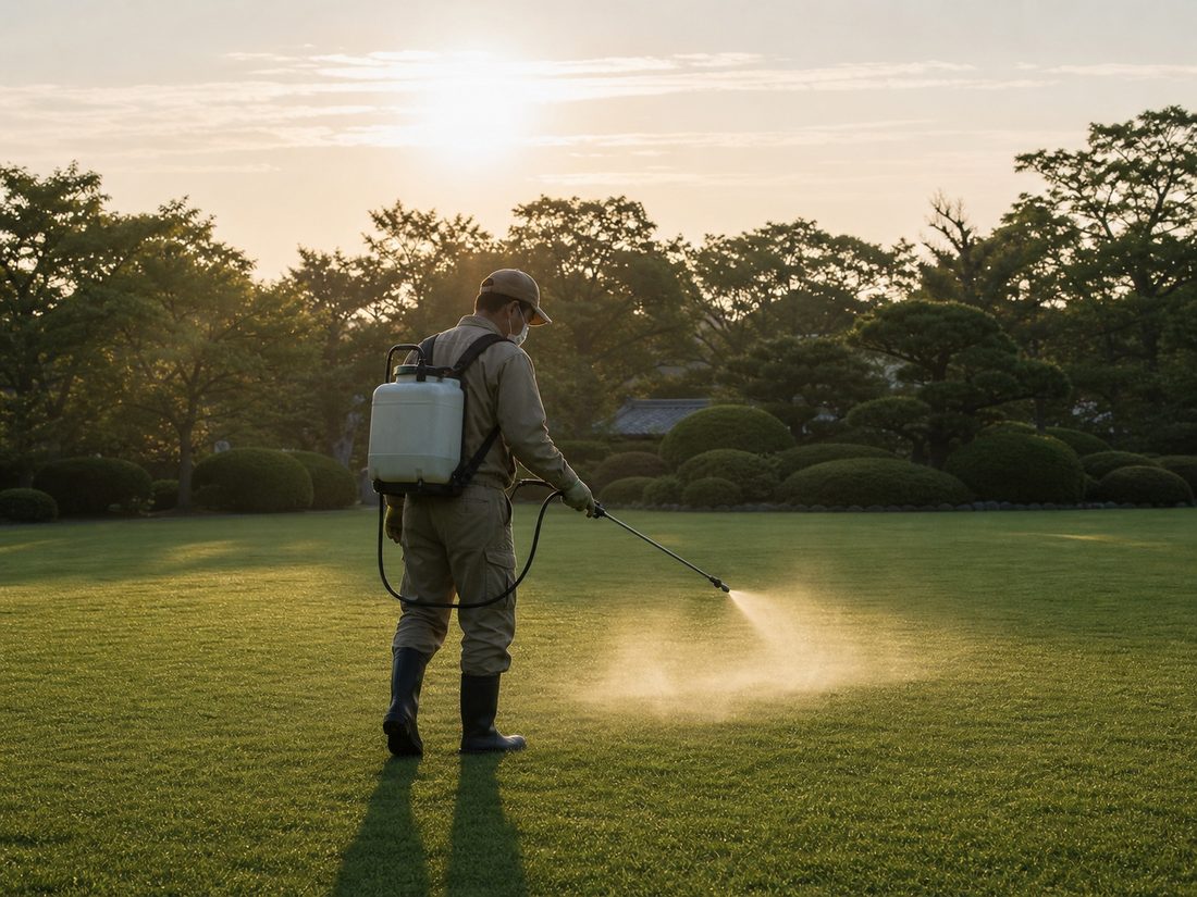 背負い式の噴霧器で芝生に薬剤を散布している作業の様子