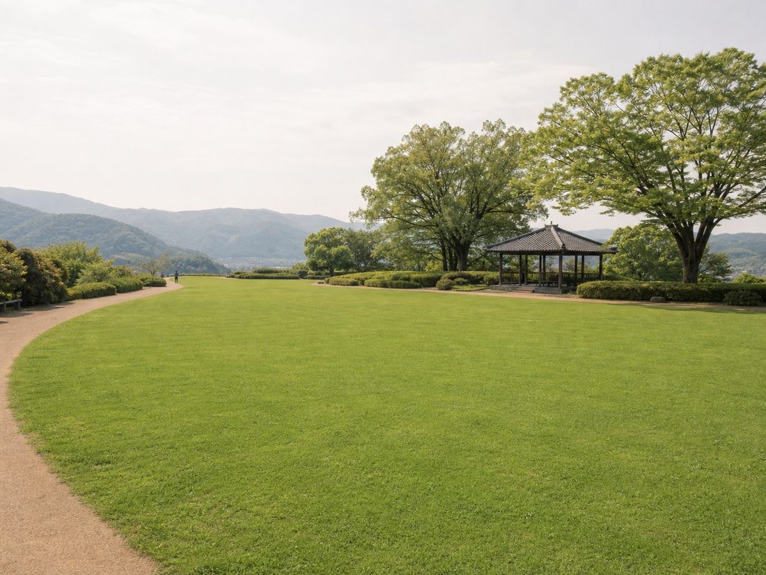 外周を園路が囲む公園の芝生広場